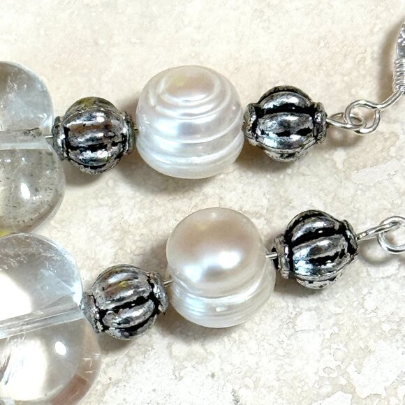 2/$20, Genuine Clear Quartz & Pearl Stone Heart Sterling Silver Earrings - Picture 5 of 9